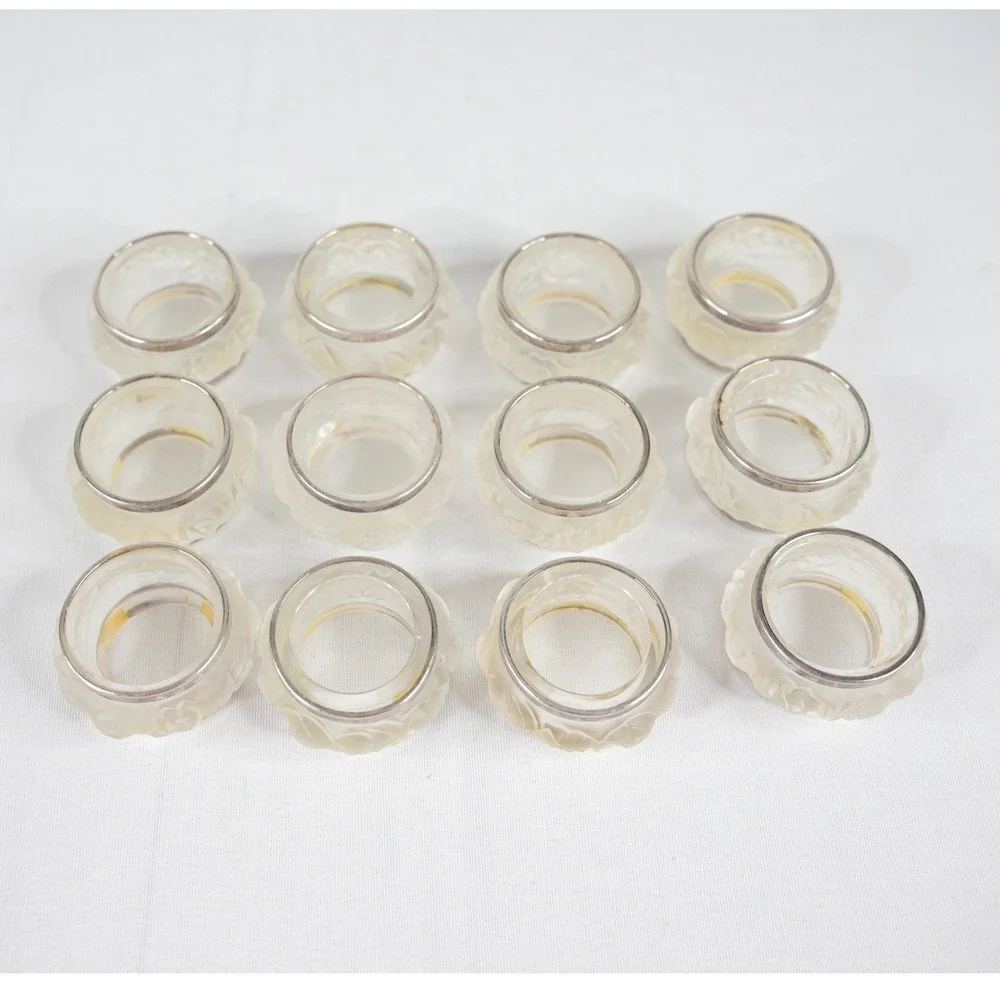 Vtg Napkin Rings 12p Frosted Crystal Rose Floral Silver lead Rim William Adams
